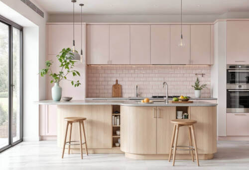 modern blush pink kitchen with curved island