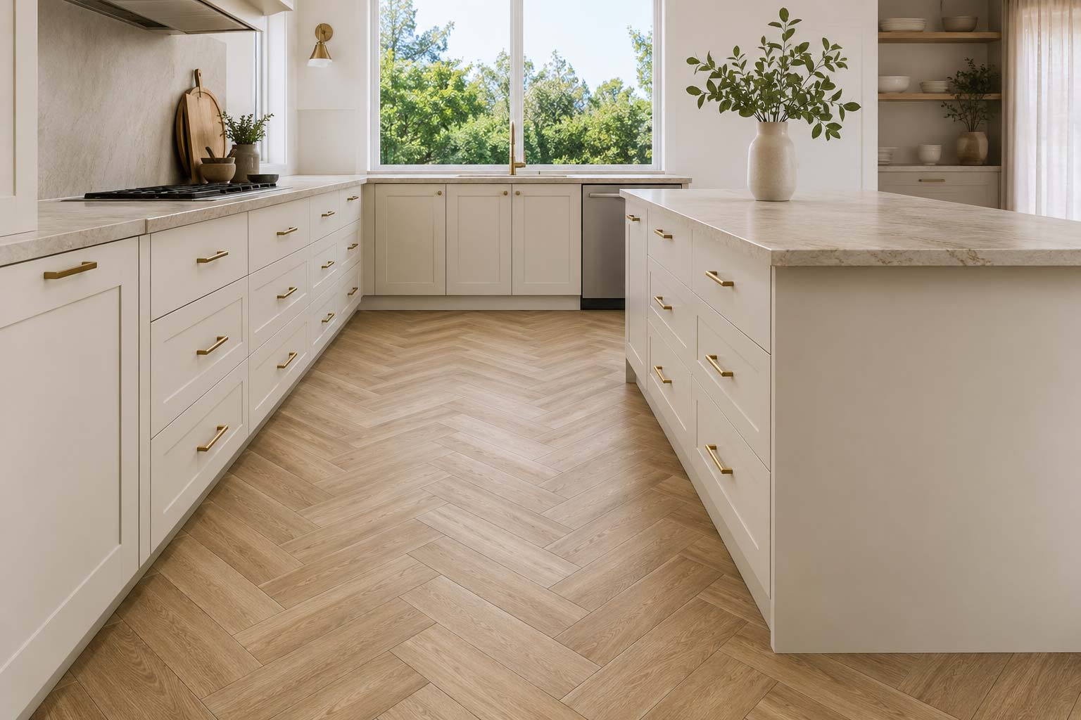 Modern kitchen with timber-look porcelain floor tiles laid in a herringbone pattern