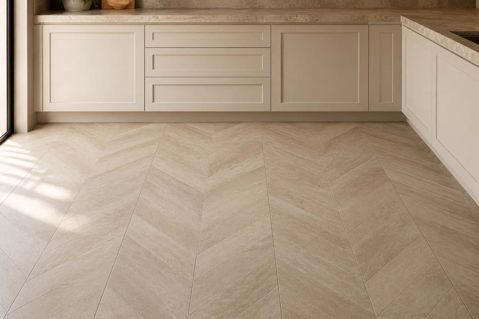 Chevron-laid stone-look floor tiles in a warm neutral kitchen