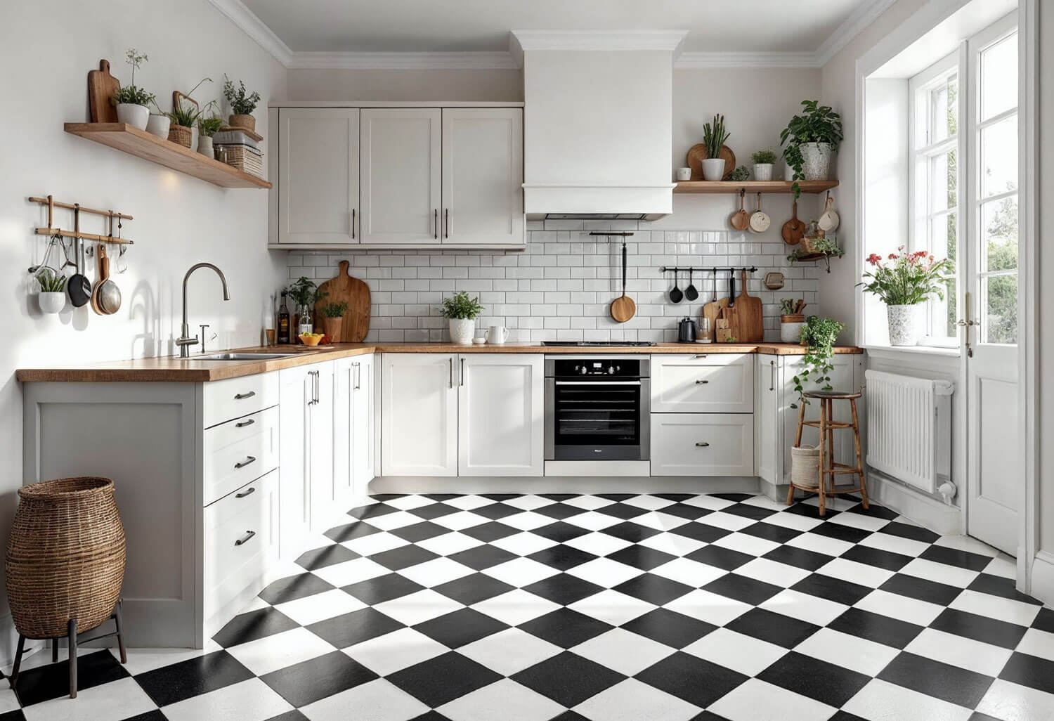 Black and White Checkerboard Floor Tiles in Kitchen
