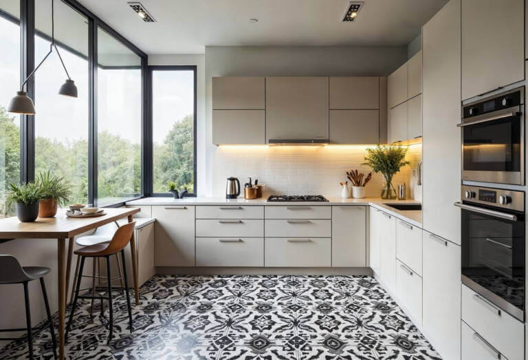 modern kitchen with patterned floor tiles
