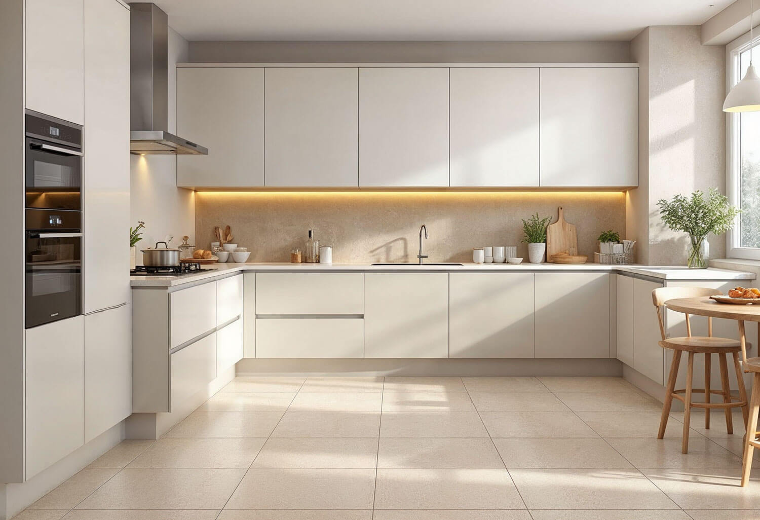 modern kitchen with beige floor tiles