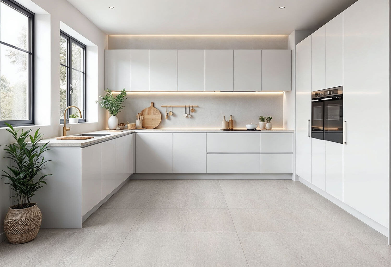 kitchen with large-format grey floor tiles