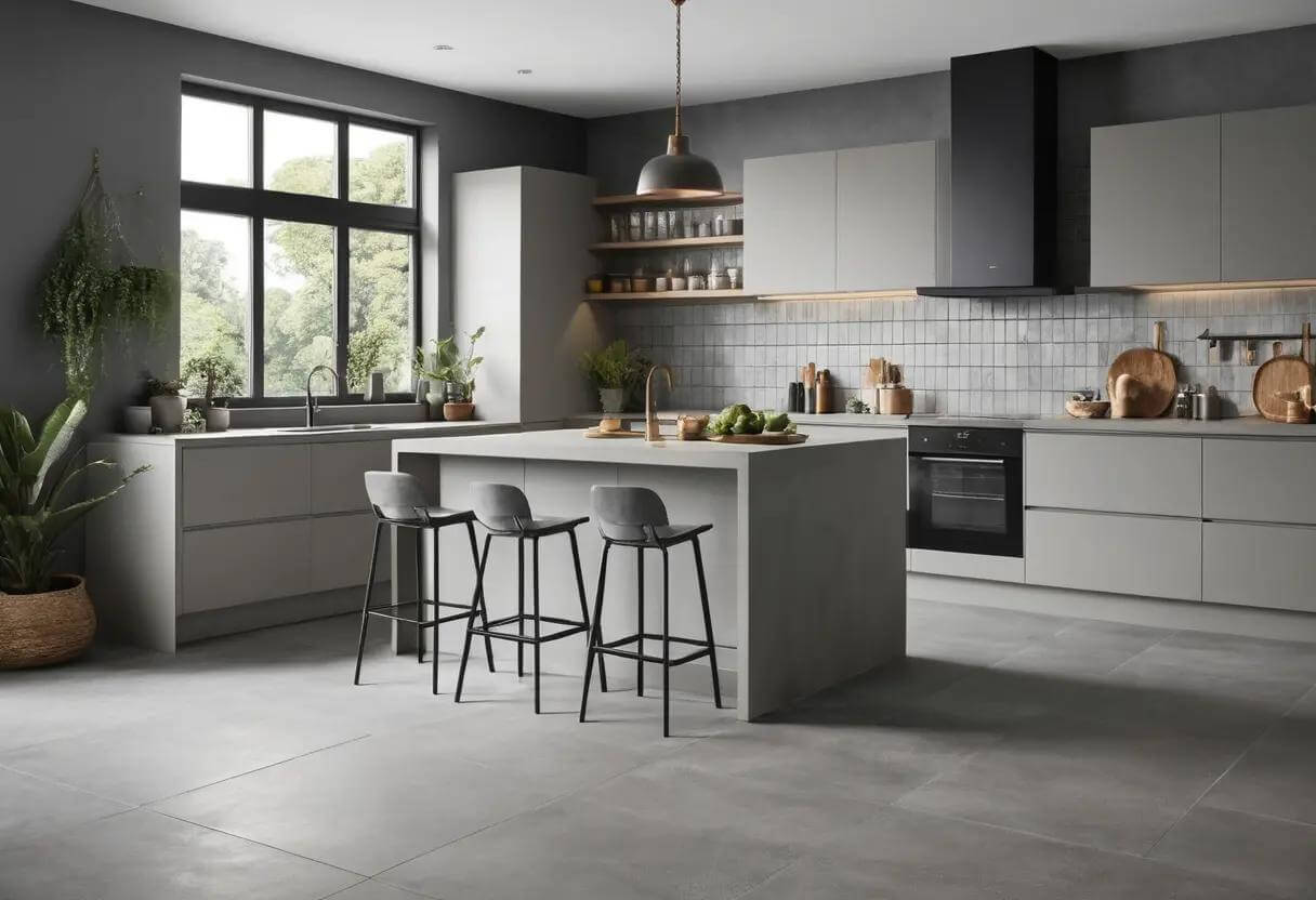 grey kitchen with concrete floor tiles