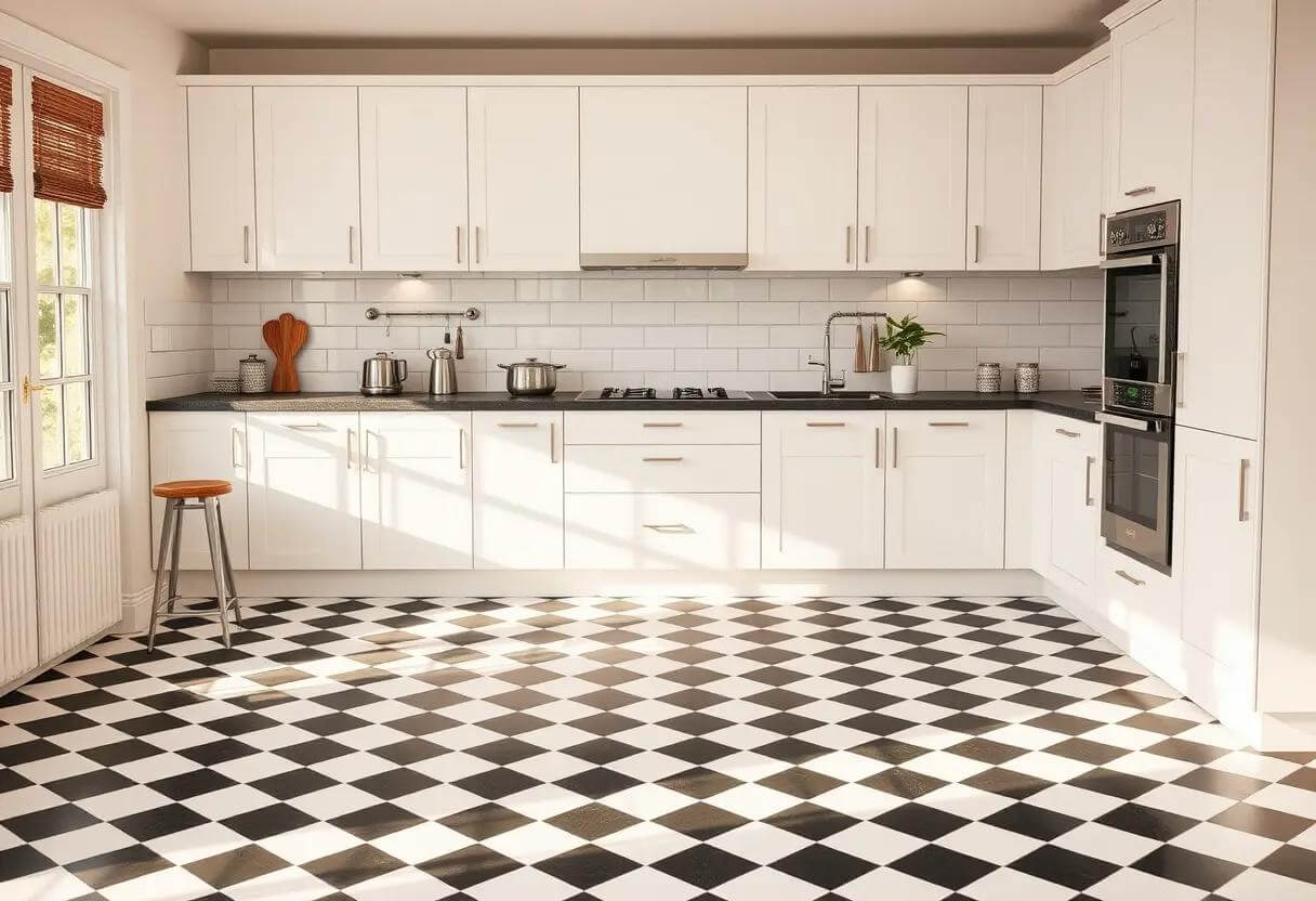 white kitchen with Checkerboard Tiles