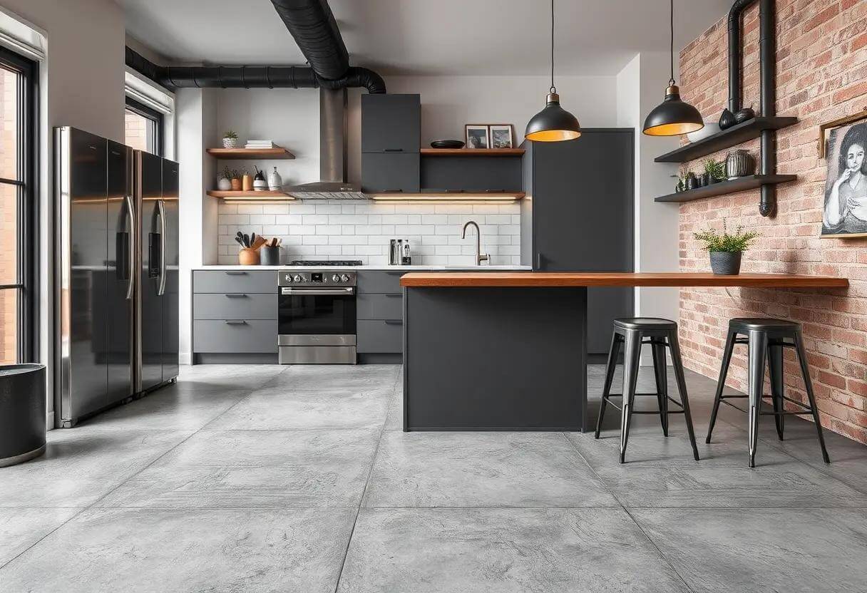 Grey Concrete-Look Floor Tiles in Industrial Kitchen Setting