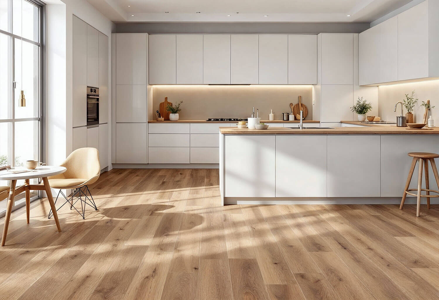 white kitchen with timber-look floor tiles