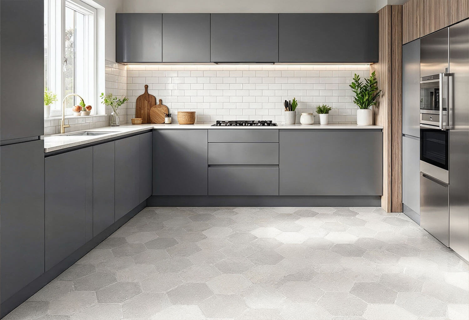 grey kitchen with hexagon tiles for flooring