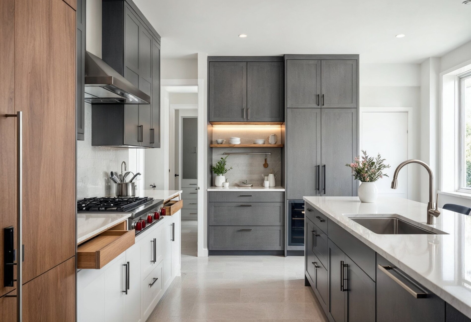 A modern kitchen and butler’s pantry featuring matching sinks and tapware for a unified aesthetic. The seamless design approach enhances visual harmony, creating a stylish and practical home environment.