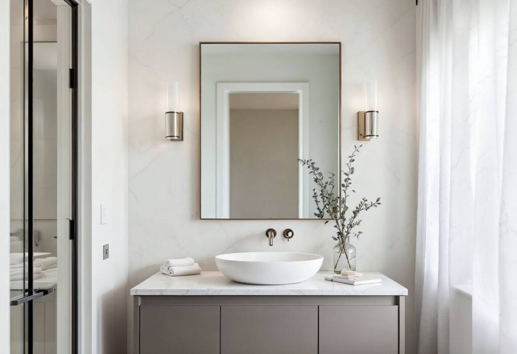 Modern bathroom with a single vanity featuring a centrally placed rectangular mirror, flanked by two sleek wall sconces for balanced lighting
