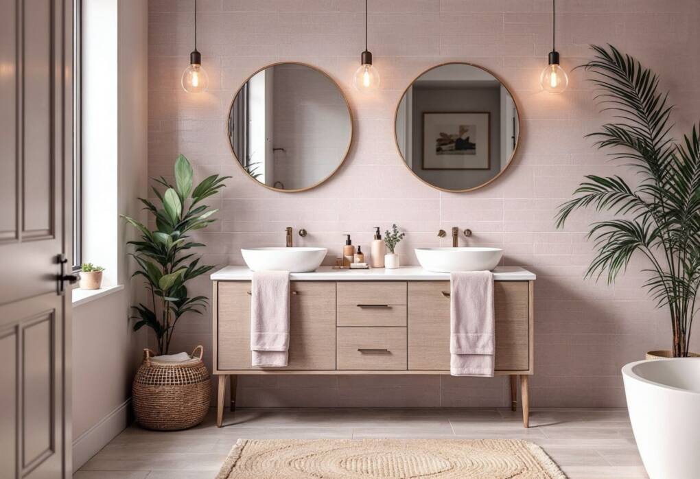 A stylish bathroom featuring a double vanity with two round mirrors, soft pink wall tiles, and pendant lighting. The wooden vanity has white countertop basins, gold fixtures, and neatly placed towels, creating a warm and elegant aesthetic. Green plants and natural textures enhance the spa-like ambience.