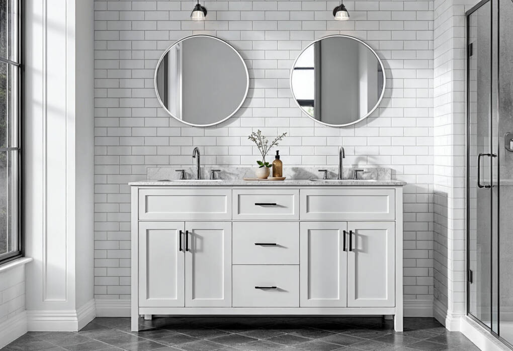 A modern bathroom featuring a white double vanity with a marble countertop, two round mirrors, and chrome fixtures. The space is styled with white subway tile walls, black hardware, and overhead sconces, creating a sleek and timeless design