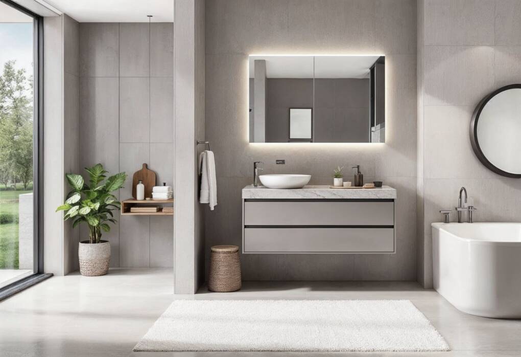 A stylish bathroom with a 900mm vanity and a perfectly sized 800-900mm mirror, featuring a modern stone countertop, sleek tapware, and a minimalist design.