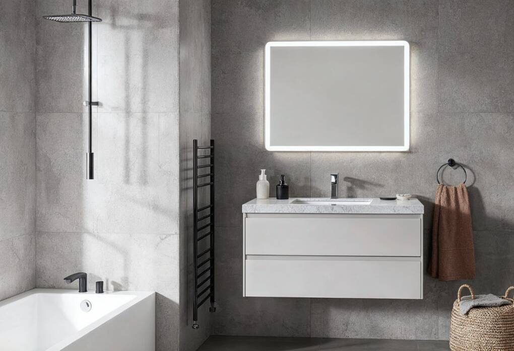 A modern bathroom featuring a 750mm floating vanity with a sleek marble vanity top and a 650mm LED-framed mirror. The space has a contemporary design with textured grey tiles, black tapware, a heated towel rail, and minimalist decor for a stylish and functional aesthetic.