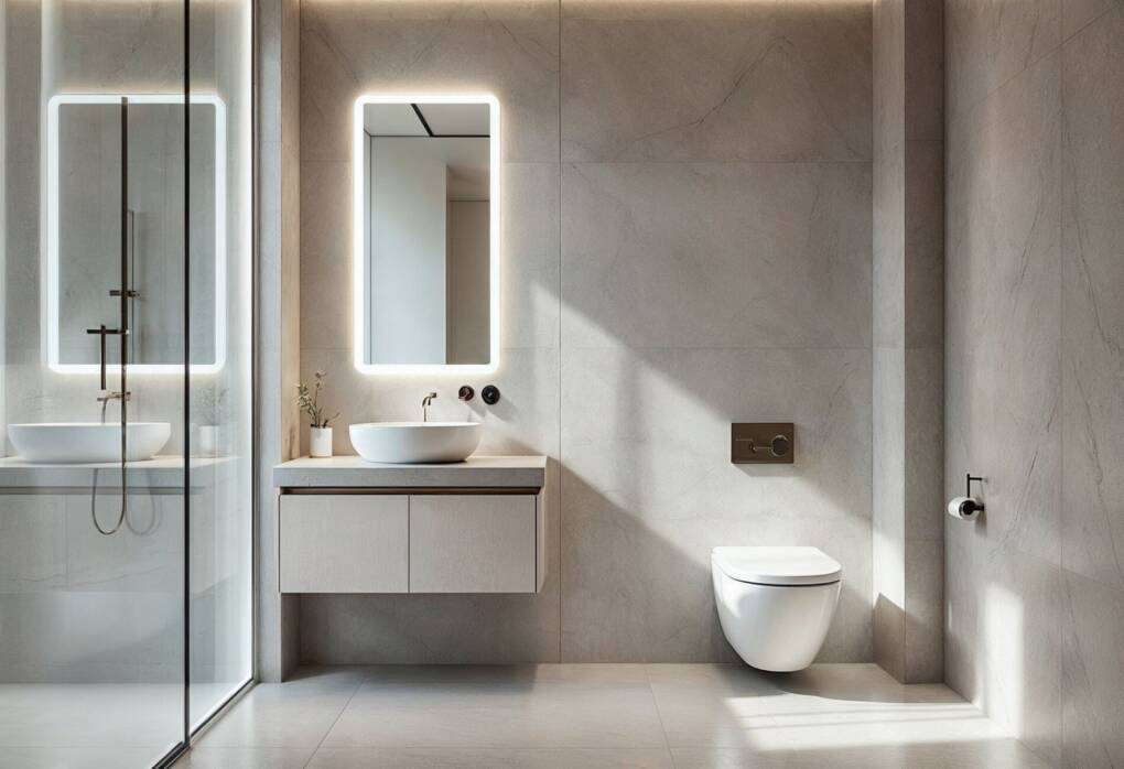 A luxurious modern bathroom featuring a floating vanity with a round vessel sink and a vertical LED-framed mirror. The space is styled with large-format neutral tiles, a walk-in shower with a matching LED mirror, and a sleek wall-mounted toilet, creating a clean and minimalist aesthetic.