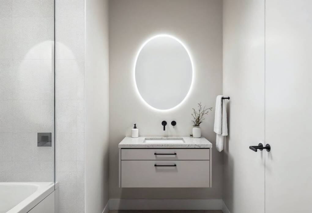 A modern bathroom featuring a floating vanity with a marble countertop and an oval LED-backlit mirror. The minimalist design includes matte black wall-mounted tapware, a white towel rack, and subtle decor, creating a sleek and elegant aesthetic.