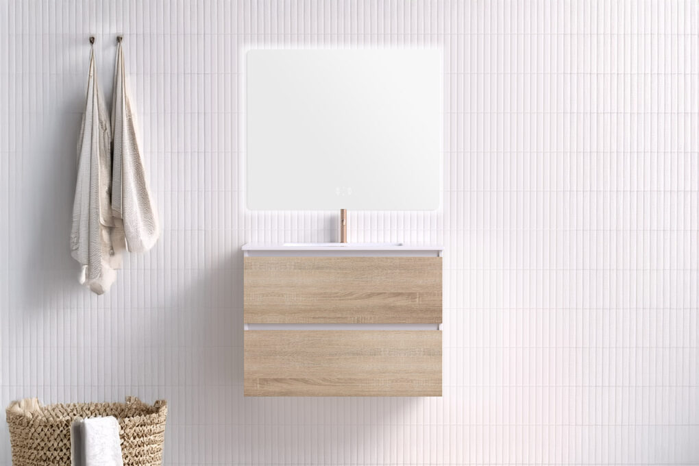 Wood-look floating single basin vanity with a sleek LED mirror, set against a white textured tile wall in a modern bathroom.