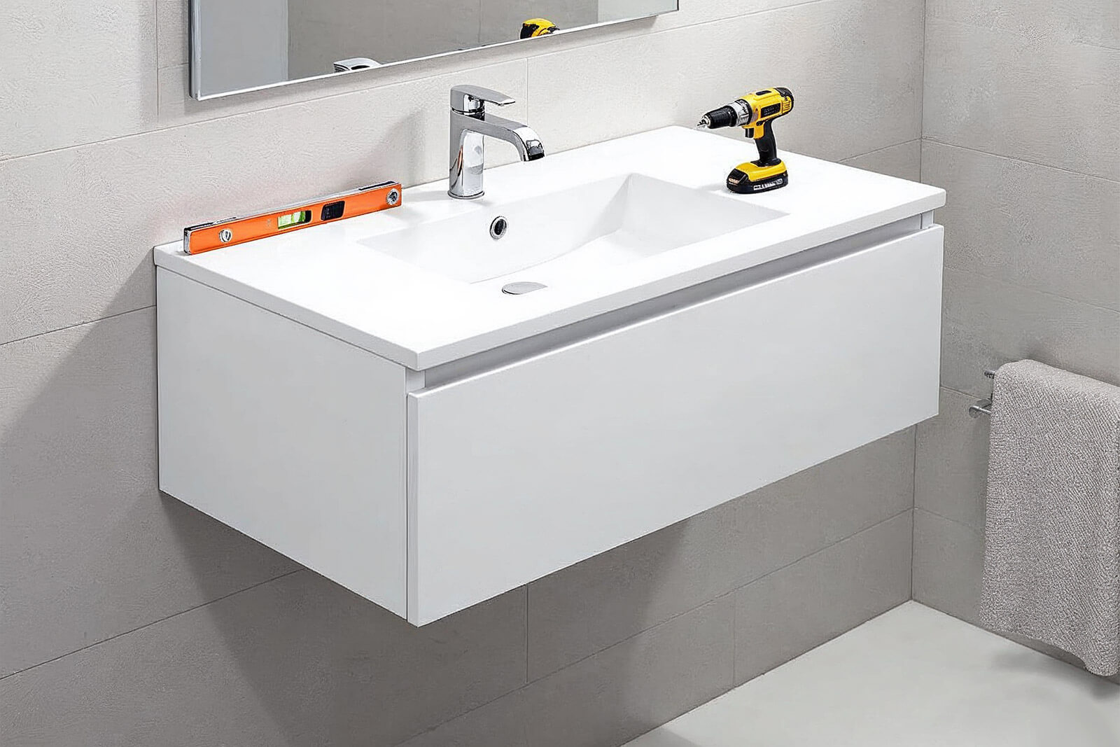 Step-by-step wall hung vanity installation in a modern bathroom, showing fixing brackets, a level tool, and a power drill for a secure and stylish setup.
