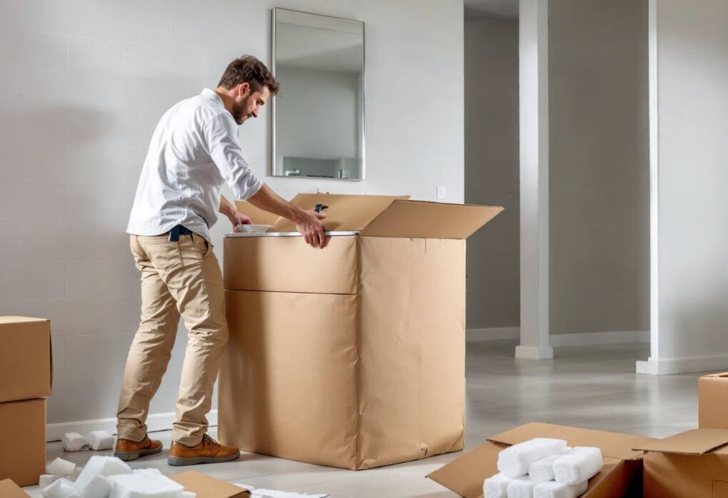 A homeowner unboxing a wall-hung vanity in a modern bathroom renovation, carefully unpacking the unit with packaging materials nearby.
