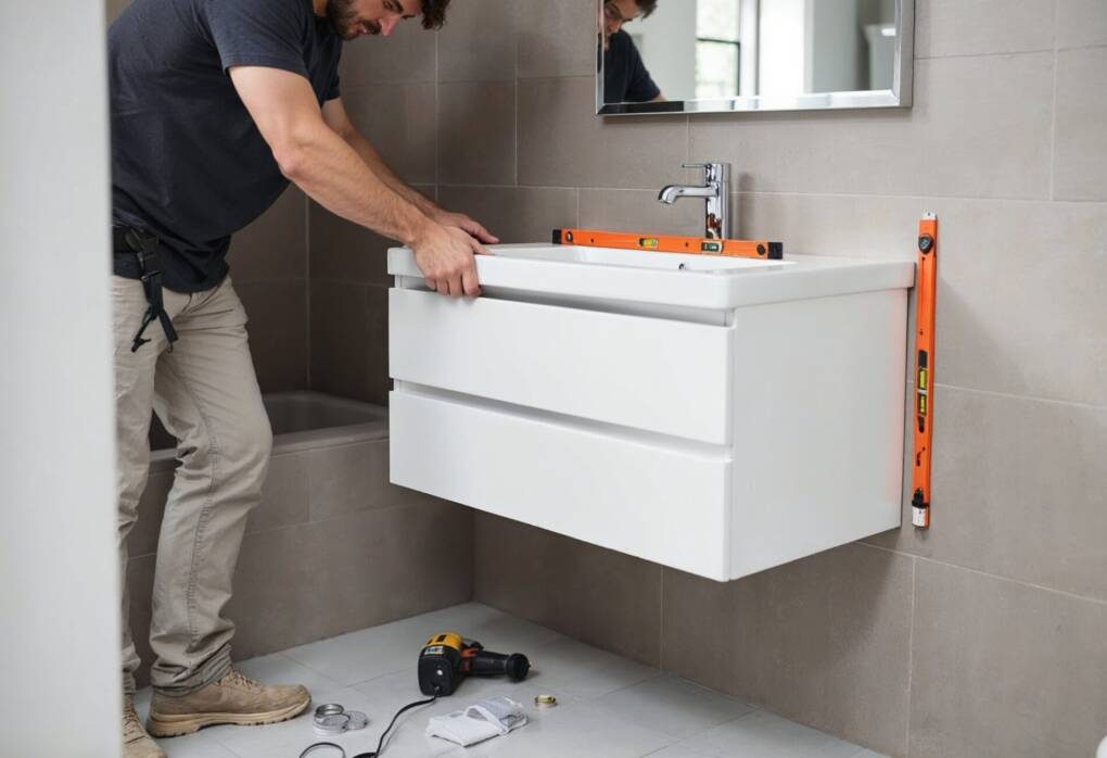 A homeowner installing a wall-hung vanity in a modern bathroom, using a level tool and power drill to ensure proper alignment and secure mounting.