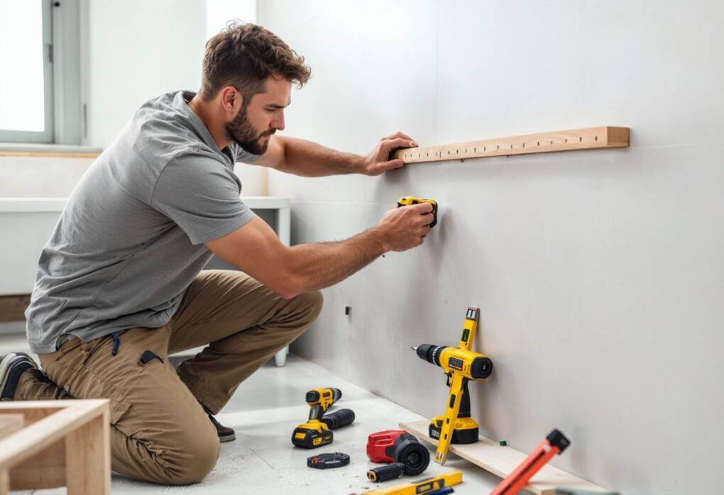 A homeowner using a stud finder to locate and mark wall studs before securing a floor-standing vanity in a modern bathroom renovation.
