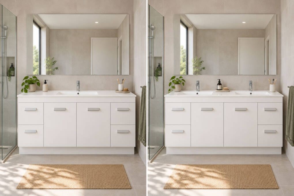 Wide single and double basin vanities showing the difference in usable bench space