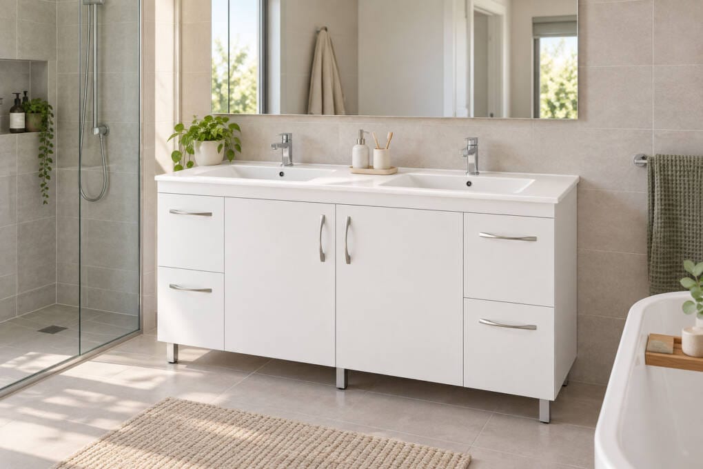 Two-basin bathroom vanity arranged for shared use with separate basin areas