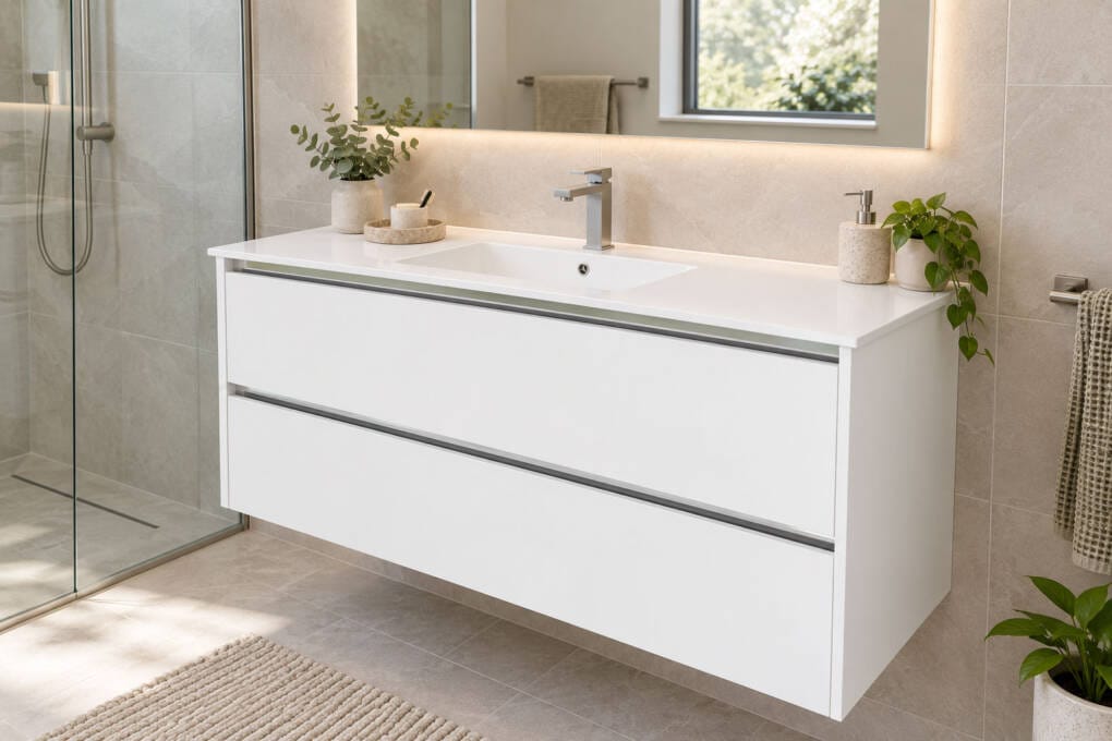 Single basin bathroom vanity with usable bench space around the basin