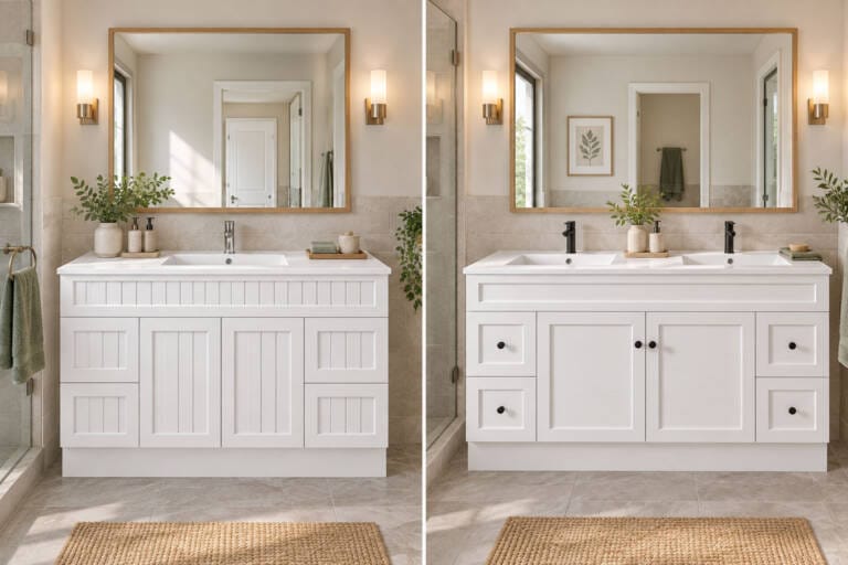 Single and double basin vanities compared in similar bathroom layouts