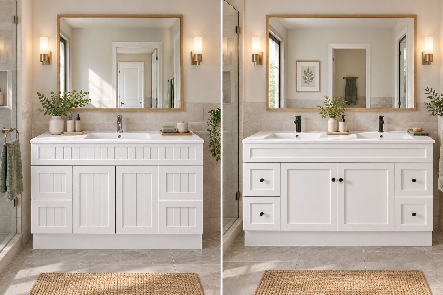 Single and double basin vanities compared in similar bathroom layouts
