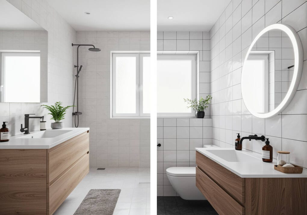 A stylish modern bathroom featuring white square tiles with dark grout, a floating wood vanity, a walk-in shower with black fixtures, and a round LED mirror creating a contemporary contrast