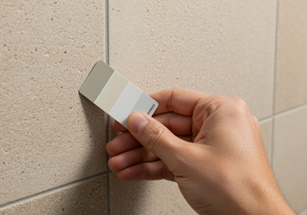 A close-up of a hand holding a grout colour swatch card against a beige tiled surface, comparing shades to find the perfect match.
