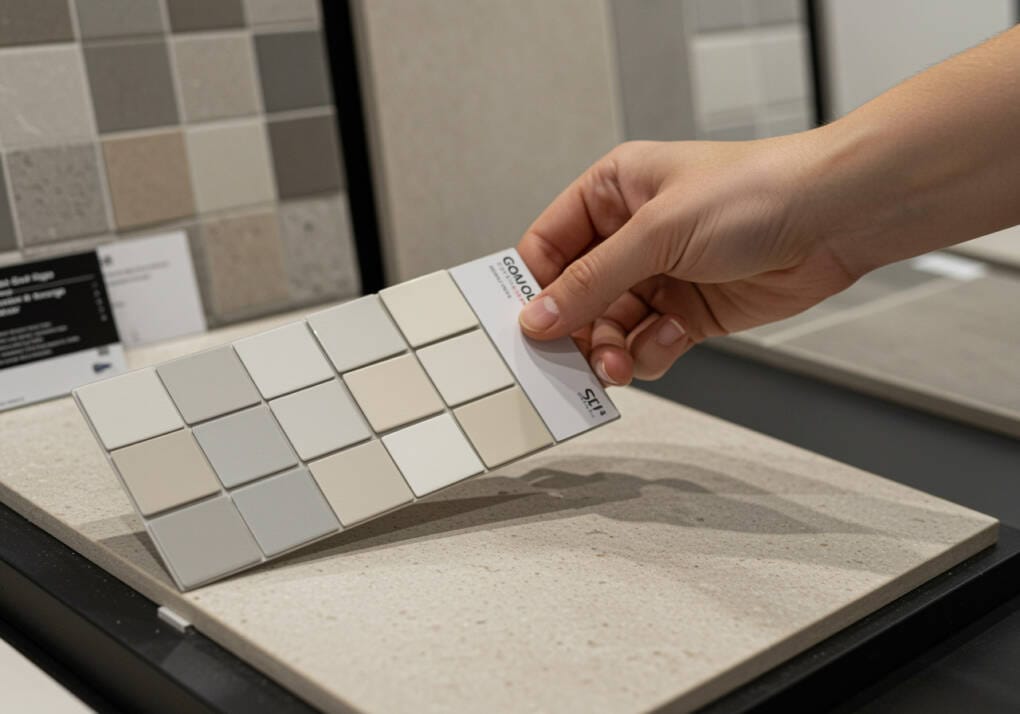 A hand holding a grout swatch card displaying popular neutral grout colours, including light grey and off-white, against a beige tile surface in a tile showroom.