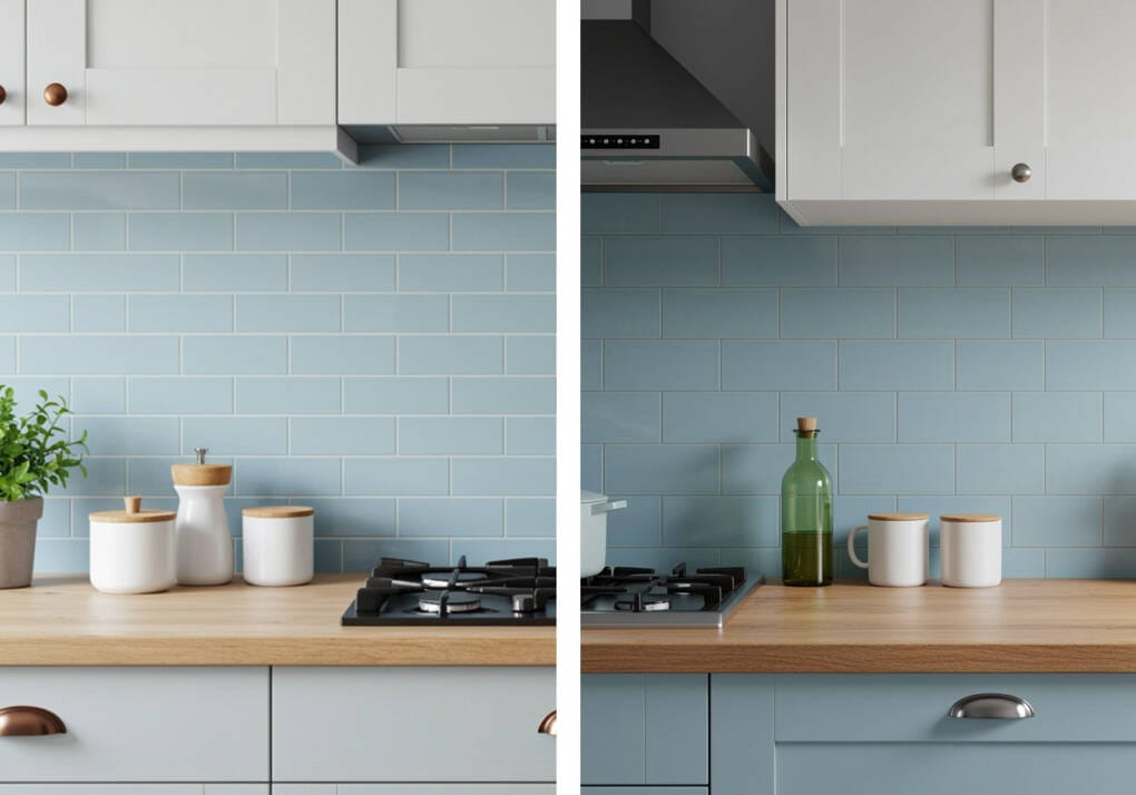 Side-by-side comparison of a kitchen splashback with baby blue subway tiles, showcasing white grout on the left and grey grout on the right, highlighting the difference in aesthetic impact