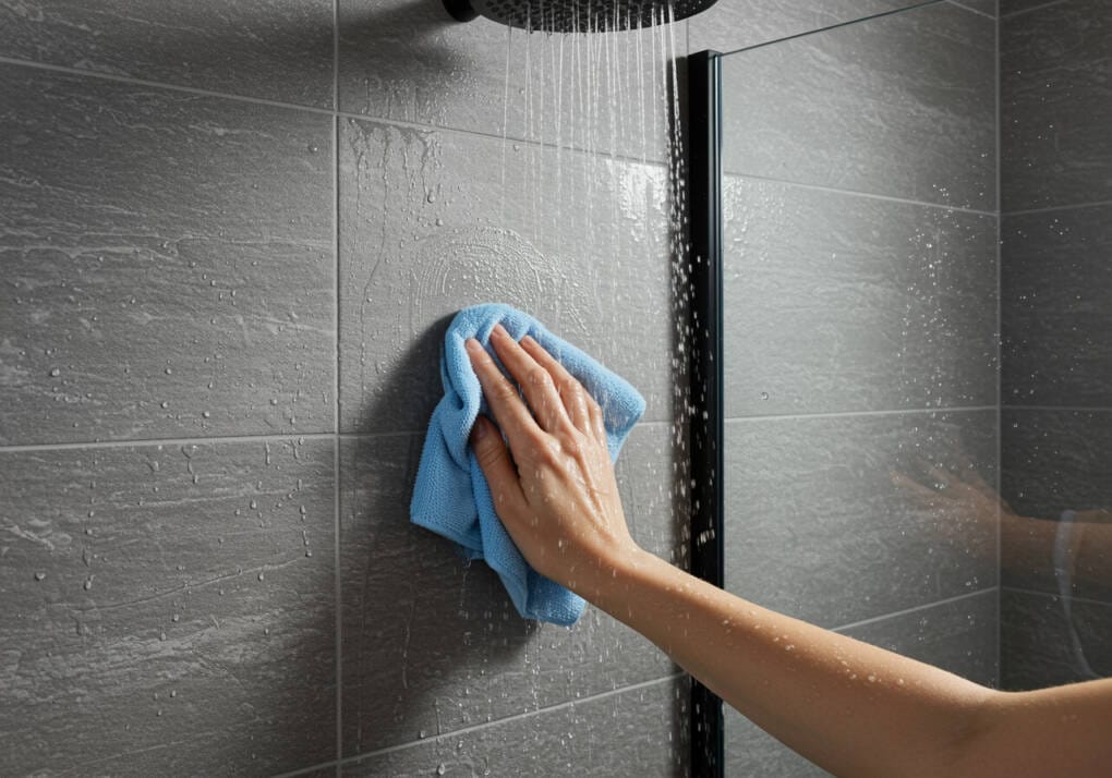 A person cleaning wet shower tiles with a microfiber cloth in a modern bathroom, featuring grey grout and a black rainfall showerhead