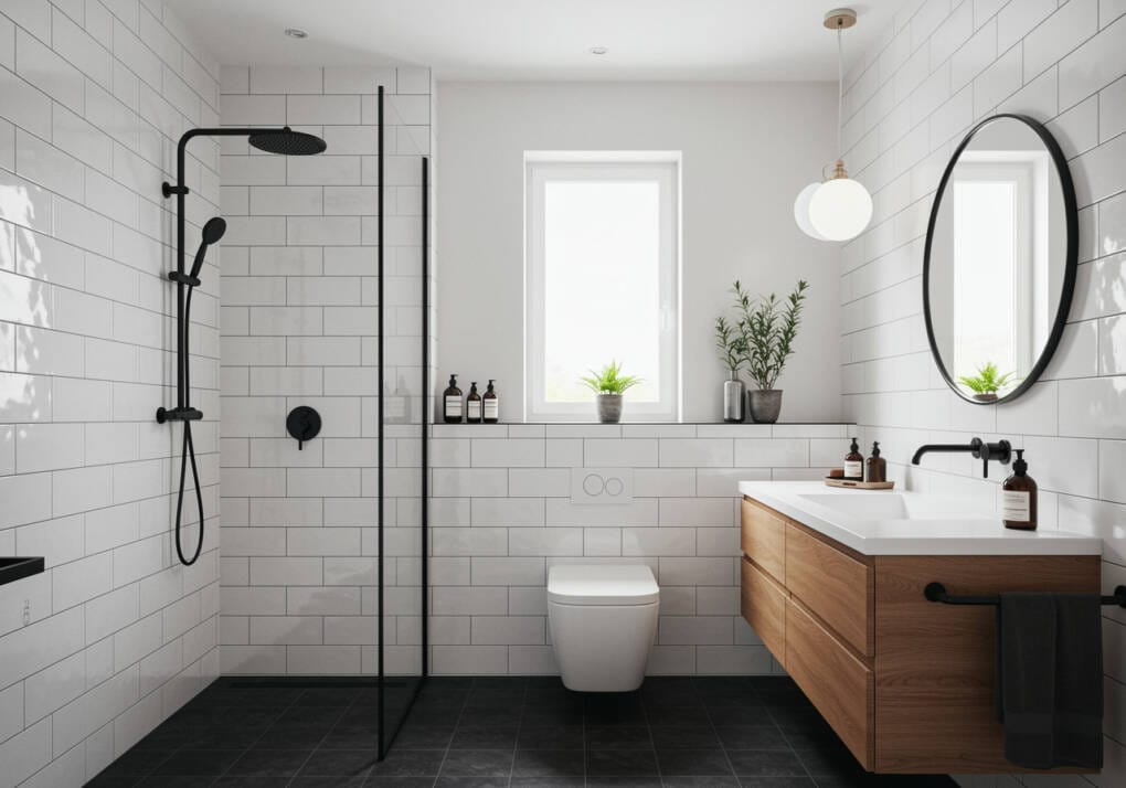 Modern bathroom featuring white subway tiles with dark grout, a floating wooden vanity, black fixtures, and a walk-in shower with glass partition