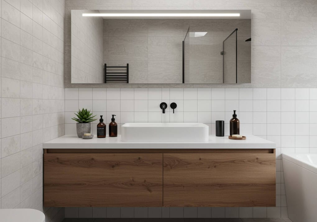 Modern bathroom vanity with a white tiled splashback and contrasting grey grout, featuring a sleek floating wooden cabinet, black tapware, and a large mirror