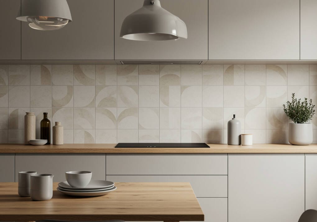 Modern kitchen featuring small-format tiles on the splashback with a geometric pattern in neutral tones, complementing wooden benchtops and minimalist decor