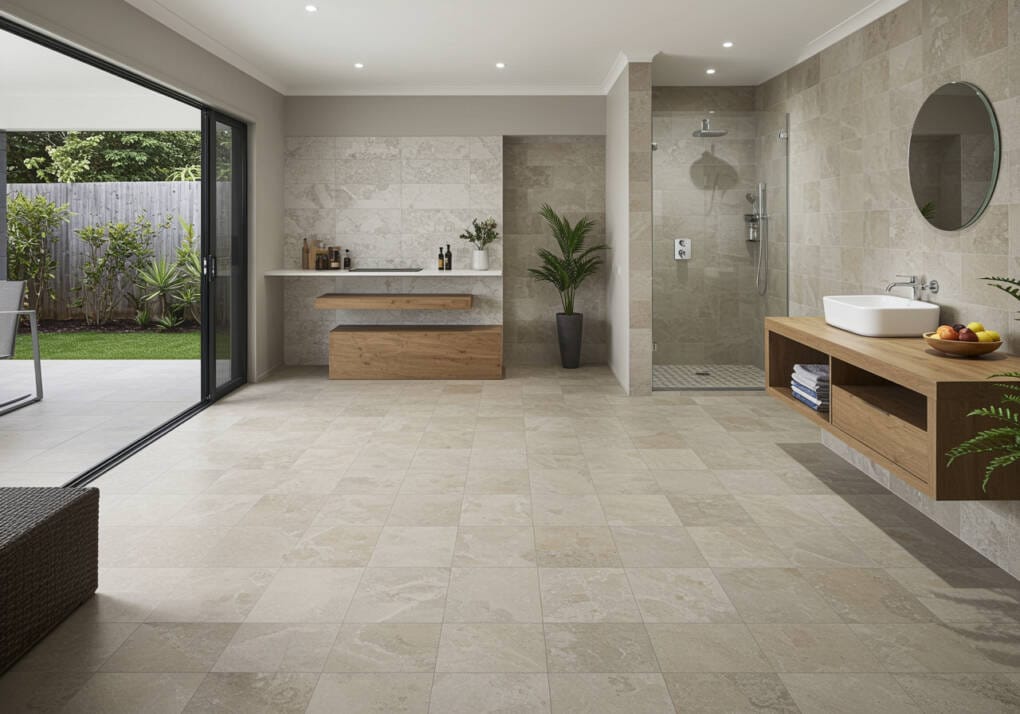 Spacious indoor-outdoor bathroom with medium-sized beige tiles, featuring a walk-in shower, floating vanity, and outdoor kitchen area with natural light