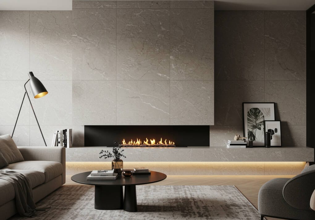 Elegant living room with a statement fireplace featuring large-format stone-look tiles, creating a seamless and luxurious design