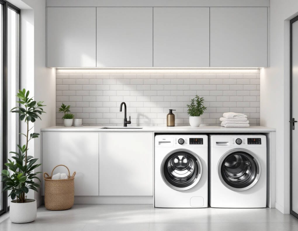 Modern laundry room with white subway tiles on the splashback, complementing sleek cabinetry and integrated appliances