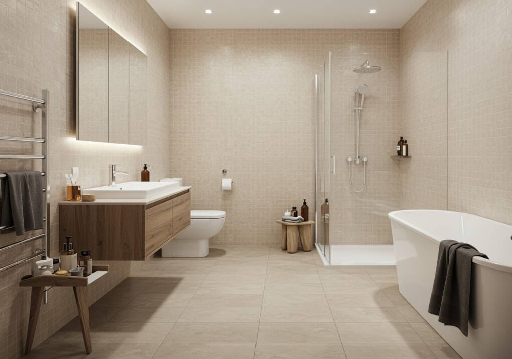 Modern bathroom showcasing a seamless combination of large floor tiles and smaller wall tiles, creating a balanced and stylish design