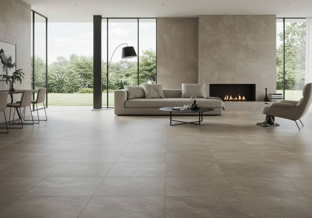 A spacious modern living room featuring large-format tiles in a neutral tone, creating a seamless and open aesthetic with minimal grout lines. The room is styled with minimalist furniture, a fireplace, and large windows allowing natural light.