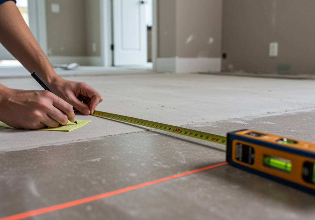 A person measuring a floor with a tape measure and laser level, taking notes to ensure accurate tile installation in a modern home