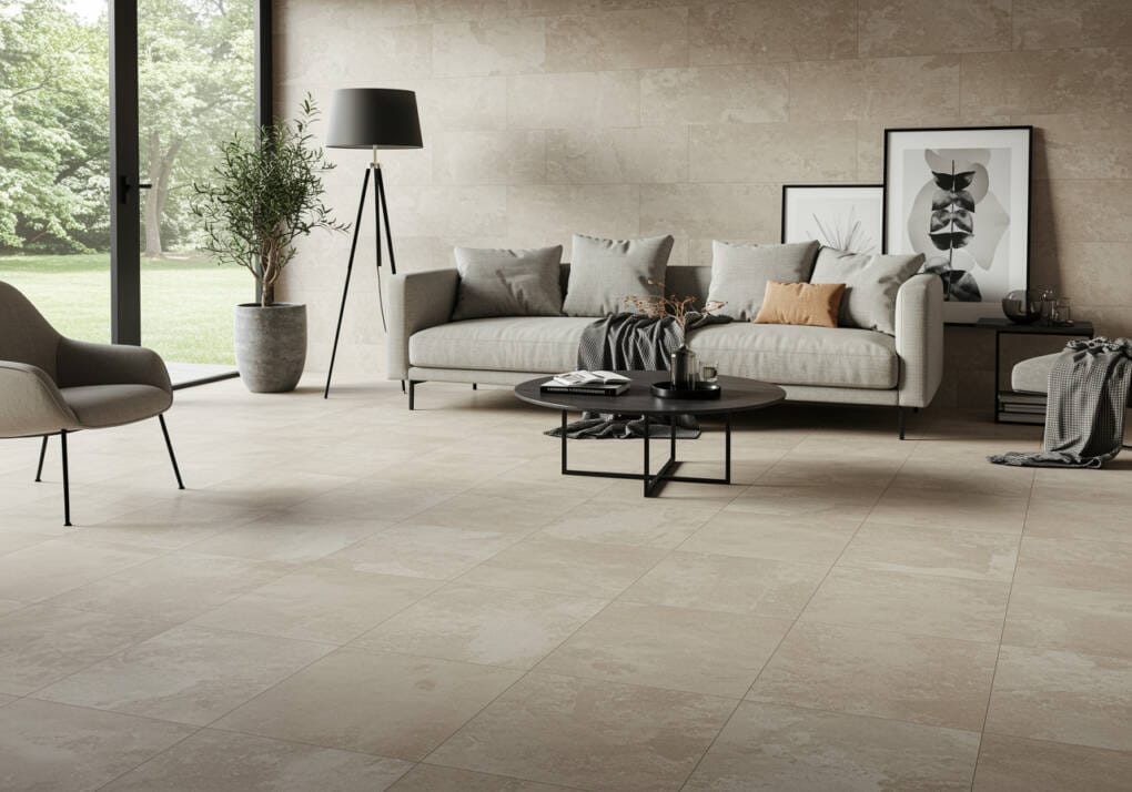 Modern living area featuring large-format 600x600mm floor tiles with a seamless design, creating a spacious and stylish look