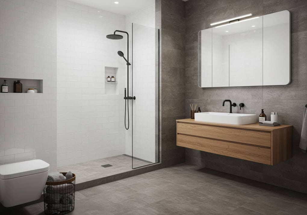 Modern bathroom with subway tile walls and large format floor tiles, featuring a sleek walk-in shower, floating vanity, and matte black fixtures
