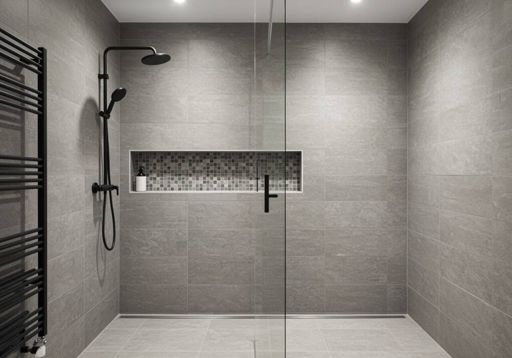 Modern shower with large-format grey wall tiles and smaller mosaic tiles in the niche, complemented by a sleek black rainfall showerhead and glass partition