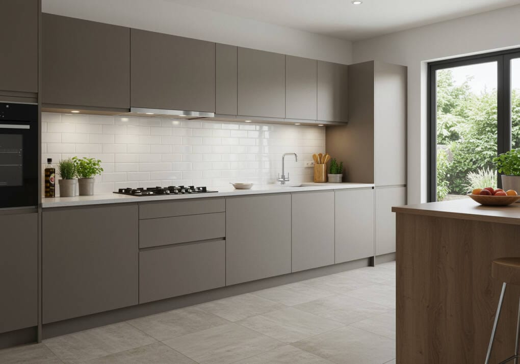 Modern kitchen featuring white subway tile splashback and large format stone-look floor tiles.