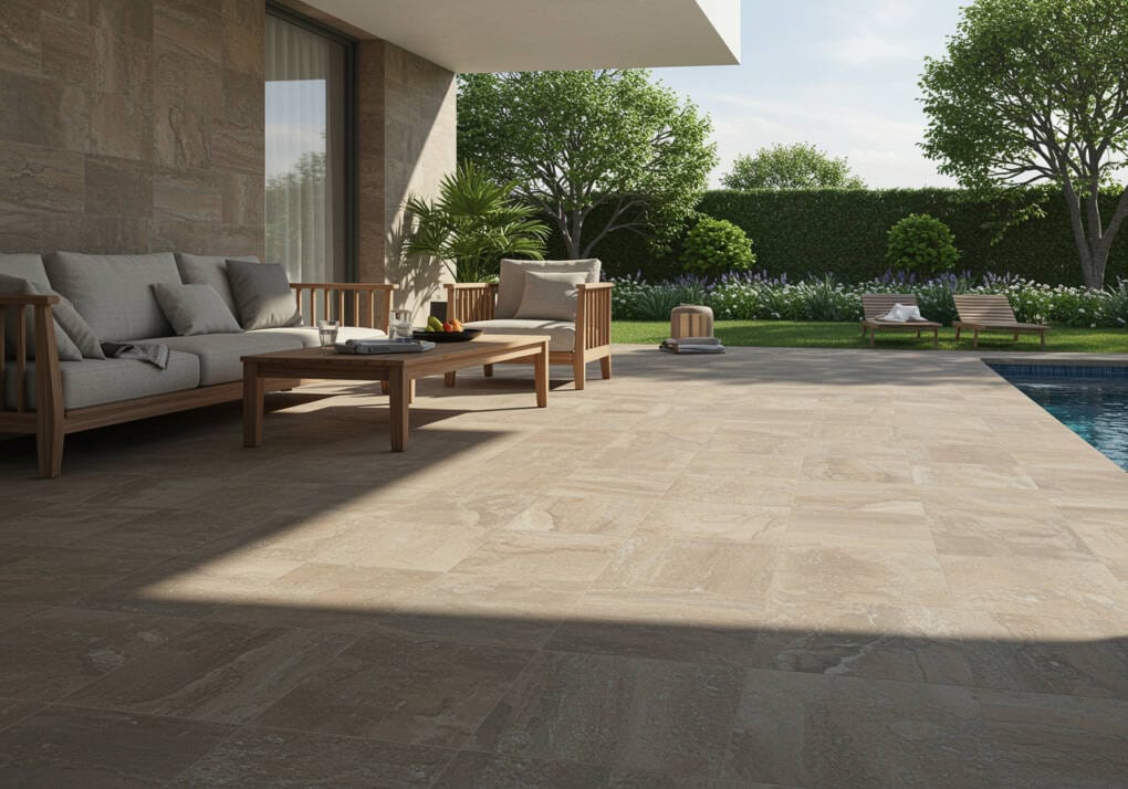 Outdoor patio featuring large format stone-look tiles in a natural setting with wooden furniture.