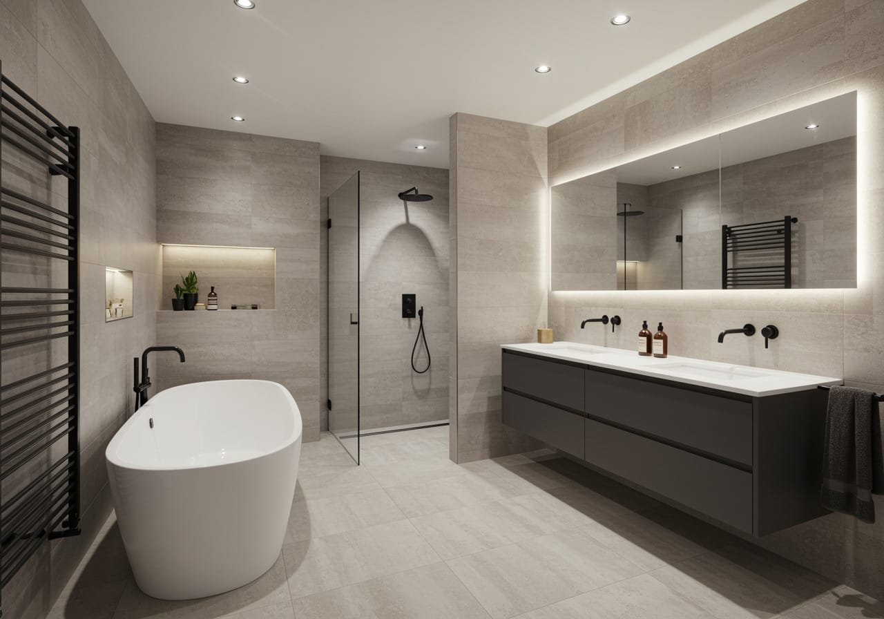 How to design a bathroom – modern large bathroom with freestanding bathtub, floating double vanity, and walk-in shower with recessed lighting
